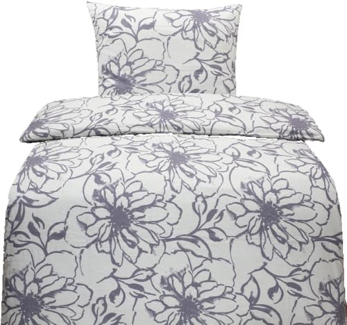 Hochwertige Biber Bettwäsche Baumwolle Blumen Weiß Grau 135x200 80x80 Set 2tlg
