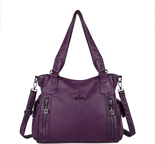 Angelkiss - borsa da donna in pelle lavata 2 in 1, con zip nella parte superiore e tasche multiple; utilizzabile anche come borsa a tracolla - codice: 1193; colore: viola