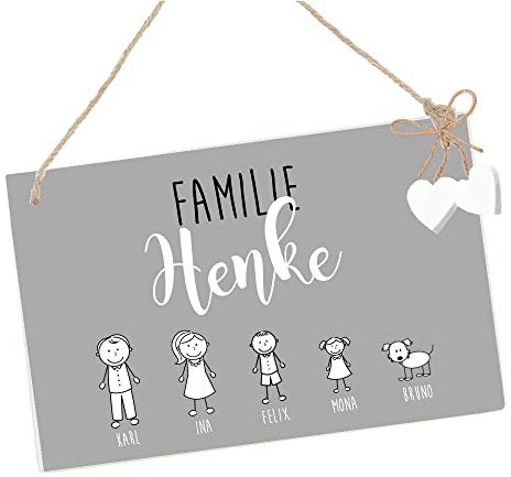 Türschild Familie personalisiert mit Namen der Familie, Holz Familienschild für die Haustür mit Figuren, Namenssschild, Klingelschild, persönliches Geschenk zur Geburt, Hochzeit