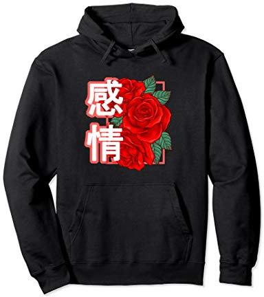 Rose with Japanese Text Aesthetic Vaporwave Pullover Hoodie