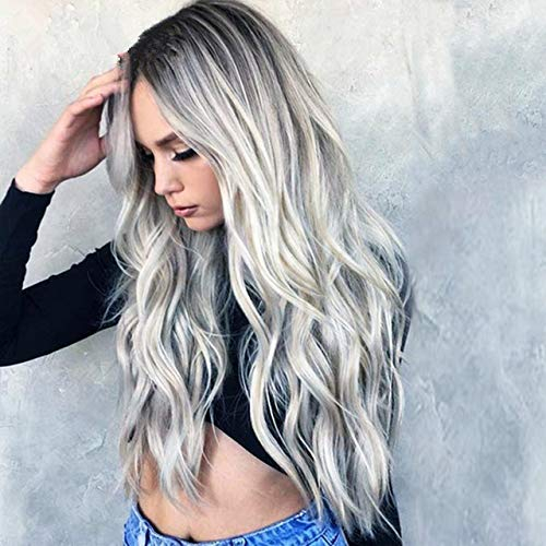 YXSHZ Damenperücke, grauer Farbverlauf mit langem gelocktem Haar, für Damen, modisch, Ombré-Stil, dunkler Wurzelknall, Teil, gelocktes Haar, Kunsthaar