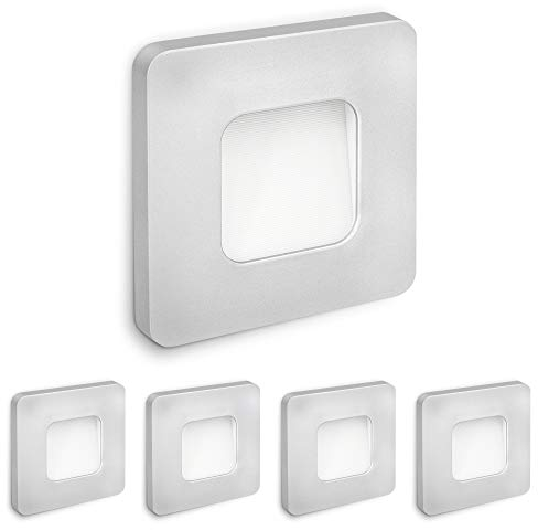 SSC-LUXon 5x LED Wandeinbaustrahler DEVA 230V Trafo integriert 1W, warmweiß für Ø 60mm Dosen - Wandleuchte silber quadratisch