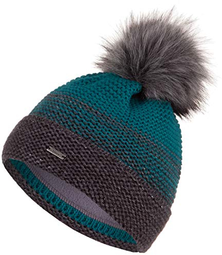 Faera Mütze Damen Wintermütze warm gefüttert mit Fleecefutter Kunstfell Bommelmütze Winter Herbst Bommel Strickmütze Beanie 60, Farbe:Petrol