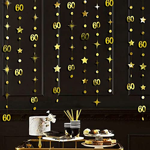 Gold 60th Birthday Decorations Number 60 Circle Dot Twinkle Star Garland Metallic Hanging Streamer Bunting Banner Backdrop for 60th Anniversary Party Supplies