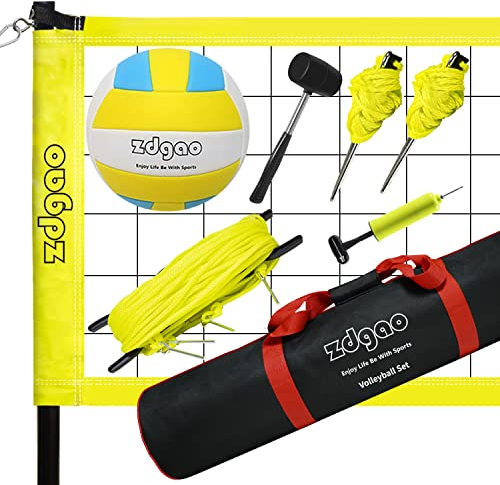 XDSPORTS Tragbares Volleyballnetzsystem – höhenverstellbare Stangen mit weichem Volleyballball, Pumpe, Begrenzungslinie und Tragetasche für Garten, Strand, Rasen