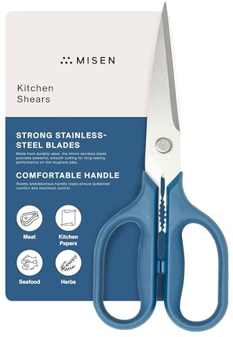 Misen Heavy Duty Kitchen Shears - Comfortable Ambidextrous Scissors for Meat, Poultry, Herbs & More - Easy to Clean - German Stainless Steel - Large | Blue