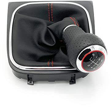 SISS Funda para palanca de cambios de color negro con costuras rojas, pomo para palanca de cambios de 6 velocidades compatible con Volkswagen Golf 5 V Golf 6 VI, marco de repuesto para 1K071111