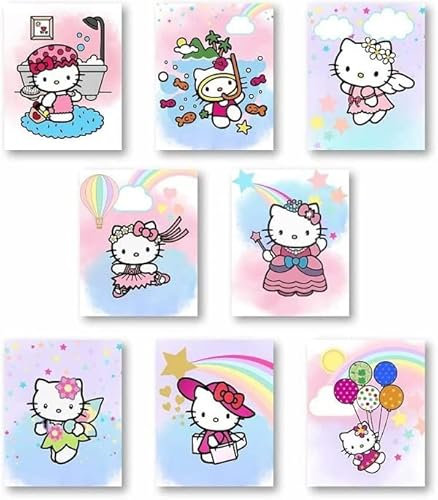 SYCART®,Hello Kitty Aquarell-Poster-Drucke, Wanddekoration für Kinder, ungerahmt, 8er-Set (20.3x25.4 cm), Hello Kitty Raumdekoration, Poster, Geburtstagsgeschenke