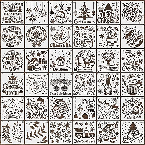 36pcs Pochoirs de Noël, 13x13cm Pochoirs de Peinture de Noël Pochoir Noël Reutilisable Joyeux Noël Décoration pour la Peinture sur Bois Tissu Papier Mur Fenêtre Bricolage