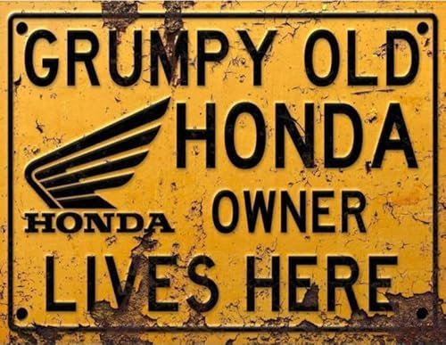 BigBazza Vintage Rustic Advertising Retro Wall Tin Plaque 20x15cm - Pub Shed Bar Man Cave Home Garage Kitchen Gift Metal Sign - Grumpy Old inspired HONDA Owner Lives Here, yellow