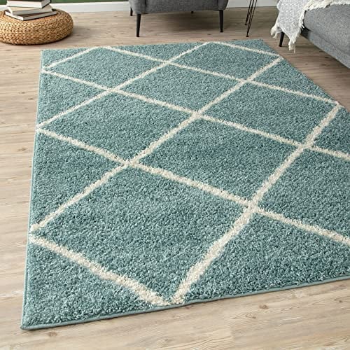 THE RUGS Shaggy Rug – Modern Moroccan Design Rugs for Living Room, Bedroom, Hallway, 3 cm Thick Area Rugs, (Diamond Duck egg blue/Ivory, 200x290cm)