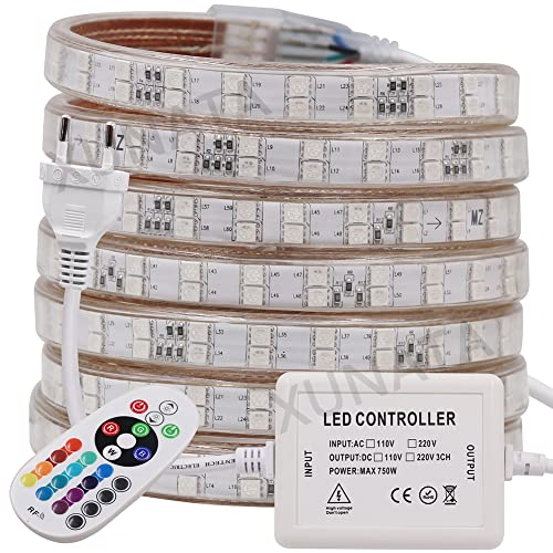 KISUFU RGB LED Streifen 1m,Waterproof LED Light Strip,220V SMD 5050 120LEDs/m Flexibler Bunt Streifen,LED Lichtband mit 24 Tasten Fernbedienung und 750W RGB Regler für Schlafzimmer, Schrank