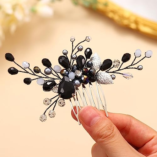 Edary Schwarzer Braut-Haarkamm mit Kristall-Kopfschmuck, Retro-Perlen, Hochzeitskamm, Blatt-Haarschmuck für Frauen und Mädchen