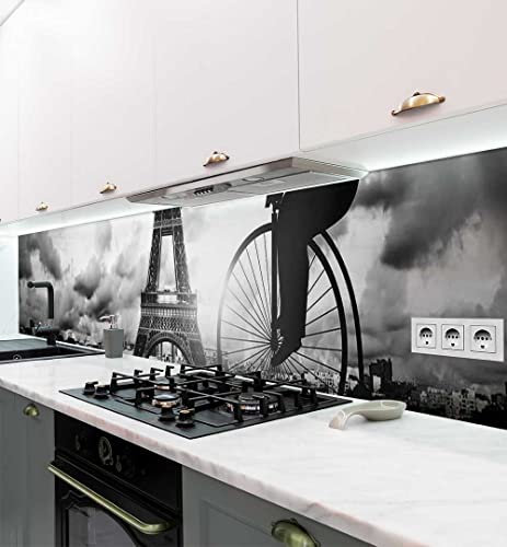 MyMaxxi - Selbstklebende Küchenrückwand Folie ohne Bohren - Motiv Hochrad in Paris schwarz weiß 60cm hoch - Klebefolie Wandbild Küche - Wand-Deko - Stadt Kultur Sehenswürdigkeit 180 x 60cm