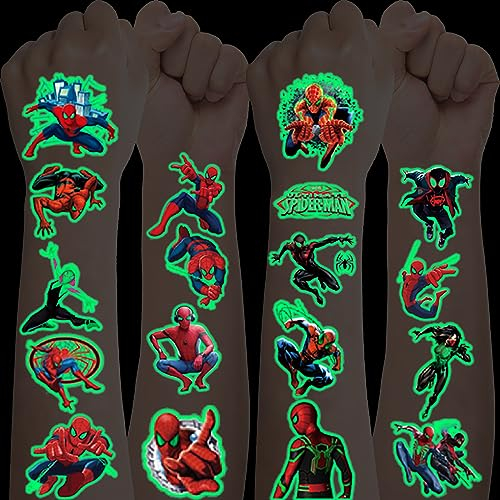 12 Blätter Spiderman Tattoo Kinder,Leuchttattoos Kinder,Wasserdichte Kindertattoos Jungen Mädchen,Hautfreundliche Kinder Tattoo Aufkleber für Kinder Mitgebsel Geburtstagsgeschenke