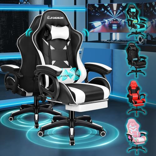 ELFORDSON Gaming Chair with 2-Point Massage Cushion, Computer Chairs for Home Office, Head Pillow High Back 150° Recliner, for Kids Adults, White and Black