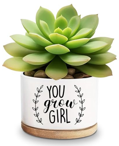 Lasimfa You Grow Girl - Macetas de cerámica blanca para suculentas, flores de cactus, divertidas macetas para amantes de las plantas, amigos, regalo de cumpleaños, Navidad, Acción de Gracias, 3.6