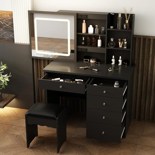 Schminktisch mit LED-Beleuchtung, Kosmetiktisch mit übergroßem rechteckigem Spiegel, Schminktische mit 5 Schubladen, Eitelkeit Tisch, Frisiertisch mit Hocker, Schwarz, MDF, 50 x 100 x 135 cm