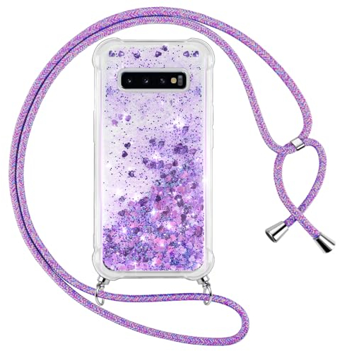 Vauki handyband für Samsung Galaxy S10 Hülle mit Band, Silikon Durchsichtig Transparent Flüssig Glitzer mit Kette Kordel Treibsand Necklace TPU Schutzhülle Case für Samsung S10, Lila
