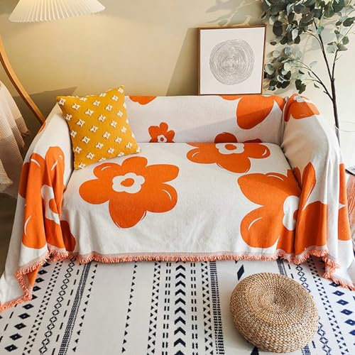 Ayoiow Couch Überzug Kort Sofahusse Orange 2 Sitzer Sofabezug Chenille Blumenmuster Mit Quaste