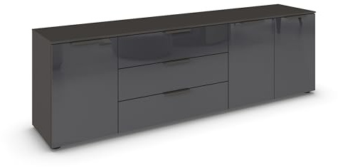 Rauch Möbel Flipp, Kommode, Farbe Glas Basalt/Graphit, Breite 199 cm | Sideboard, 3-türig, 3 Schubladen, Glasfront, Soft-Close-Funktion, für Schlafzimmer, Gästezimmer, Wohnzimmer, Garderobe, Flur