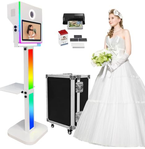 Photo Booth with Printer Mirror Photo Booth 15.6 inch Touch Screen Selfie Photobooth Machine for Wedding Party Events Rental Camera Fill Light RGB LED Frame Flight Case (15.6 Photo Booth+ Printer)
