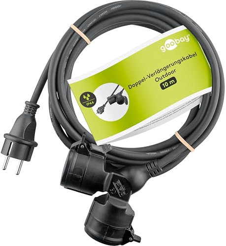 goobay 65435 Outdoor Doppel - Verlängerungskabel/Stromkabel für den Außenbereich / 2 Schuko - Steckdosen mit Schutzklappen (IP44) / 3680 W bei 250 V (AC) und 16 A / 10m
