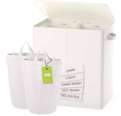 Wäschekorb Mit Deckel, 135L Extra Große Wäschekorb 2 Fächer Schmutzige Kleidung Hampers Für Wäsche Wäschesammler 2 Fächer Geteilt Für Schlafzimmer, Beige