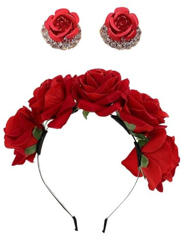 1 Bandeau, 1 Paire De Boucles D'Oreilles, Bandeau À Fleurs, Bandeau Rose Rouge, Bandeau De Mariée, Bandeau Rouge, Bandeau À Fleurs Pour Femme, Bandeau De Fête D'Anniversaire Pour Fille.