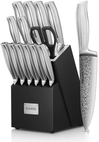 FOHERE Messerblock, 14-teilig Selbstschärfender Messerblock, Scharfes Messerset mit Holzblock, Ergonomischer, Rutschfester Griff aus Edelstahl, Profi Küchenmesse Set, Ideal als Geschenk