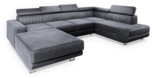 Masseno Ecksofa Siena R-S mit Schlaffunktion U-Form, Sofa mit Bettkasten, Wohnzimmersofa, Couch, Soffa, Bettsofa, Couchgarnitur- Grau, Monolith 85