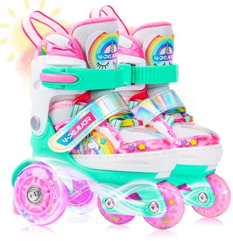 Kinder Einhorn Rollschuhe für Mädchen.Geeignet für 3-6 Jahre alt. Mit Leuchtenden Rädern,4-Pejiijar Verstellbar Anfänger Quad Roller Skates für Weihnachts und Geburtstags Geschenke
