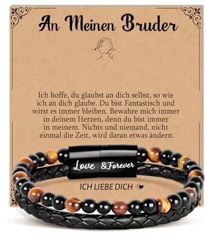 YIBONIKA Geschenke für Männer Lederarmband Naturstein Tigerauge Stein Perlenarmband, Geschenk für Ihn Papa Mann Sohn Opa Enkel Neffe Bruder Freund zum Valentinstag Vatertag Geburtstag mit Geschenkbox
