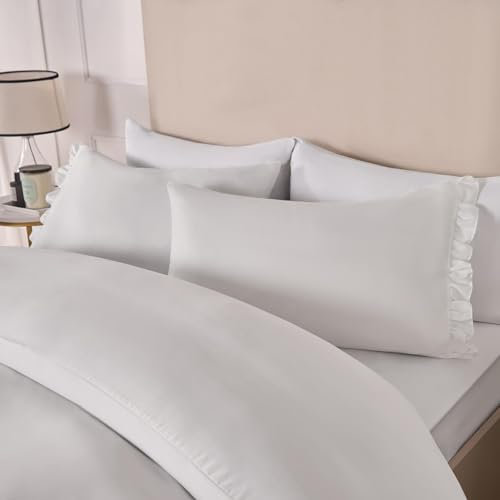 OHS Superking Frill Duvet Set, Soft Cosy Comfort Fabric White Decorative Touch Frill Edge Design Microfibre Bedding Set & 2 Pillowcases, White - Superking