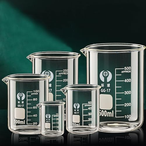 Upgraded Glass Measuring Beaker Set 25ml 50ml 100ml 250ml 500ml (Pack of 5),3.3 Borosilicate with Printed Graduation Scientific Glassware for Laboratories, Classrooms or Home Use