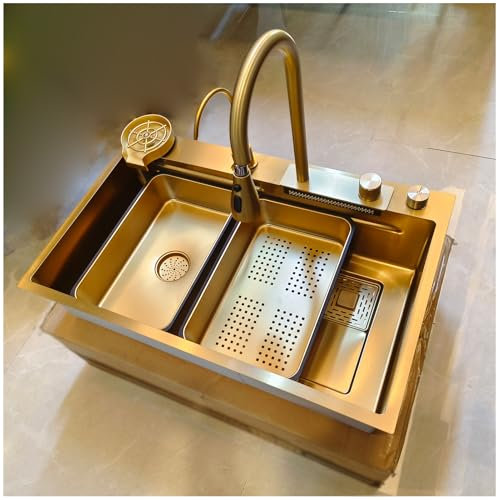 KOOGIMDDR Lavello da cucina, 70 x 50 cm, colore oro, con rubinetto a cascata, lavello da cucina in acciaio inox, rettangolare, montaggio superiore con coppa lavabo, tagliere rimovibile