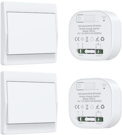 Aovrlcx RF433 Self Powered Wireless Light Switch Button Remote Kinetic Wireless Light Switch Kit Radio Wall Switches Lighting Fixtures Battery Free (EU 1Gang 2V2 L)