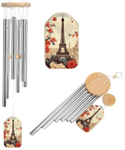 Windspiel für den Außenbereich, 51,8 cm, großes Aluminium-Windspiel, Paris, Vintage, florales Gedenk-Windspiel, moderne Outdoor-Dekoration mit beruhigenden melodischen Tönen, tiefes Windspiel