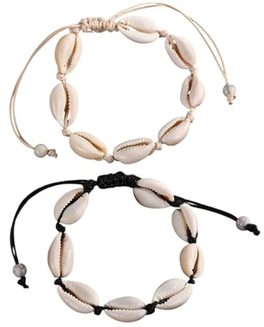 ZORVUJI Lot de 2 bracelets coquillage femme, bracelet cheville coquillage ajustable fait main en coquillage naturel, coquillage pour bracelet (Noir & Blanc)