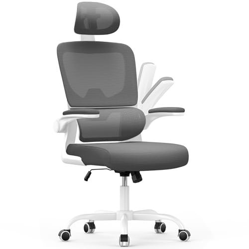 naspaluro Ergonomic Office Chairs, High Big Study Desk Computer Chair with Back Support, Adjustable Headrest and Flip-up Armrests Dark Gray Work Chair, Swivel Comfy PC Mesh Home Office Chairs