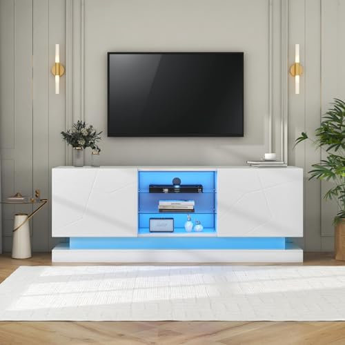 KOMHTOM Meuble TV Moderne avec éclairage LED 16 Couleurs, Meuble télé avec 2 Portes et des séparations réglables, Meuble de Salon avec Rangement (Blanc, 160x38.5x60cm)