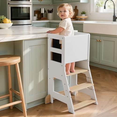KIDINIX Kinder Lernturm ab 1 Jahr, Höhenverstellbar, Holzfarbe & Weiß | Learning Tower mit Whiteboard und Kreidetafel, Montessori-Lernstuhl für Küche und Bad, Kippsicher, Holzfarbe & Weiß