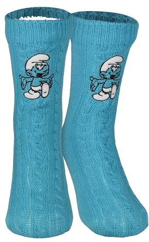 United Labels Die Schlümpfe Hüttensocken - Strick Haussocken mit Sherpa Futter für Damen Kuschelsocken Flauschige Wintersocken warme Frauen Socken OneSize Blau