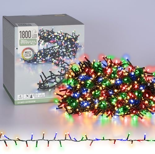 ECD Germany LED Cluster Lichterkette Bunt, 36m, 1800 LEDs, Multifunktion 8 Modi, Timer, Weihnachtsbeleuchtung für Innen und Außen, Wasserfest IP44, Weihnachtsbaum Deko Beleuchtung Clusterlichterkette