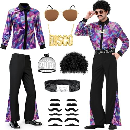 BuntWunder 70er Jahre Outfit Herren, Disco Kostüm-Set mit Schlaghose & Glitzer Hemd & Perücke & Schnurrbart Halskette & Sonnenbrille & Hüftgürtel, Karneval Fasching Disco Party Kostüm für Männer (XXL)