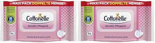Cottonelle Feuchtes Toilettenpapier, Sensitive Pflegend - Parfümfrei, Biologisch Abbaubar, Plastikfrei, Wiederverschließbar, 1 x 84 Feuchttücher (Einzelpack) (Packung mit 2)