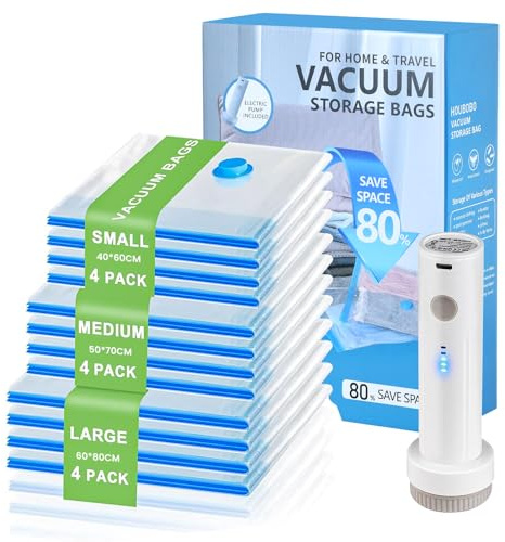 12 Pack Vacuum Storage Bags for Clothing Travel with Cordless Electric Pump | Space Saver Bags in 3 Combo Sizes for Travel & Home, Reusable Vacuum Compression Seal Bags for Clothes, Luggage and Bedding