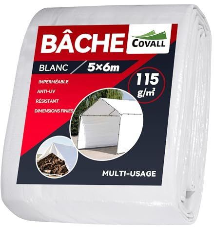 COVALL Telone Impermeabile per Esterno 5x6m, HDPE 115g/㎡ Rinforzato con Occhielli, Anti-UV, Copertura per Piscina, Auto, Mobili da Giardino, Bianco