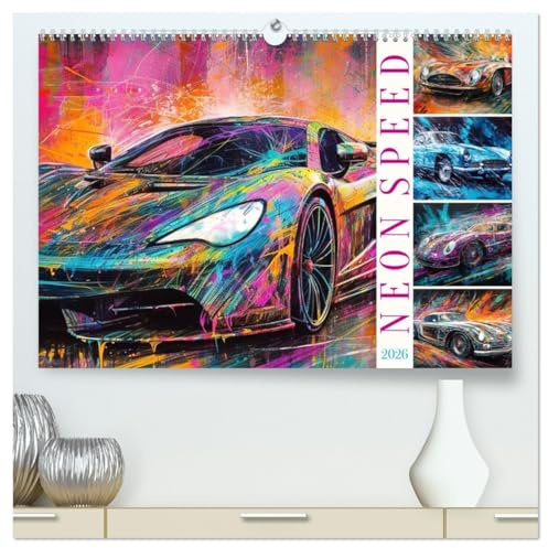 Neon Speed (hochwertiger Premium Wandkalender 2026 DIN A2 quer), Kunstdruck in Hochglanz: Starke PS in knalligen Farben - Rennwagen KI generiert (CALVENDO Mobilitaet)