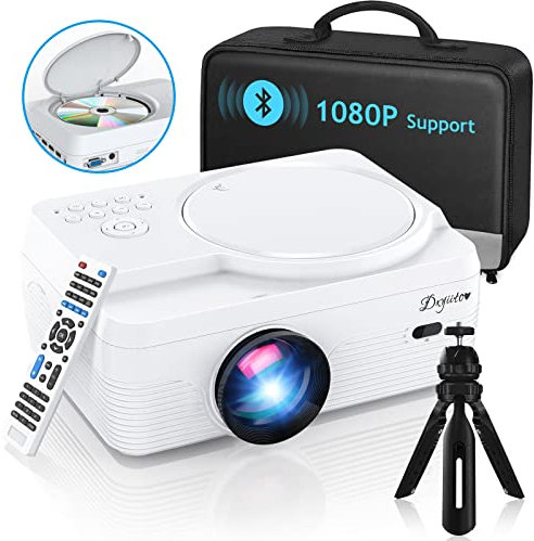 Full HD Bluetooth Projector Built in DVD Player, 7500LM 1080P Supported, Portable Mini DVD Projector for Outdoor Movies, 250 Home Theater, Compatible with iOS/Android/TV Stick/PS4/HDMI/USB/TF Card